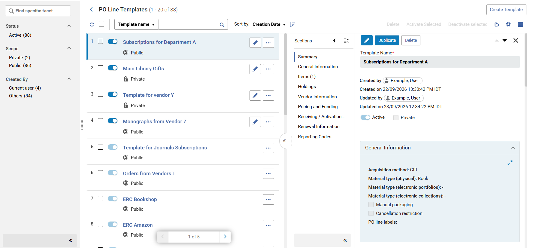 The PO Line Templates page.